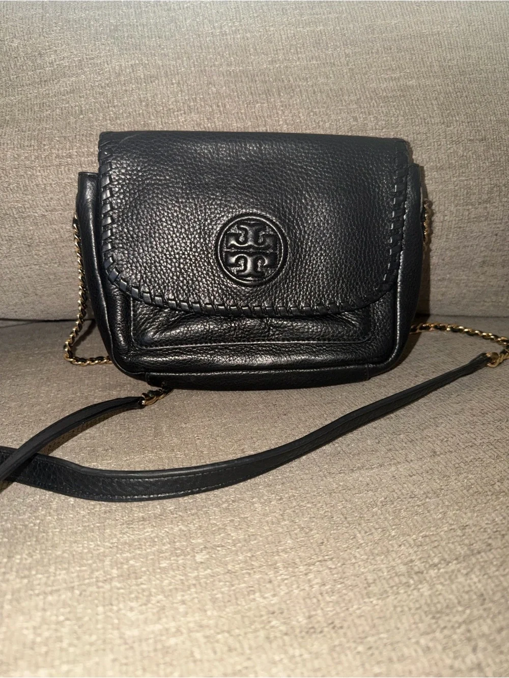 Tory Burch Marion Mini Black Soft Pebbled Leather Crossbody